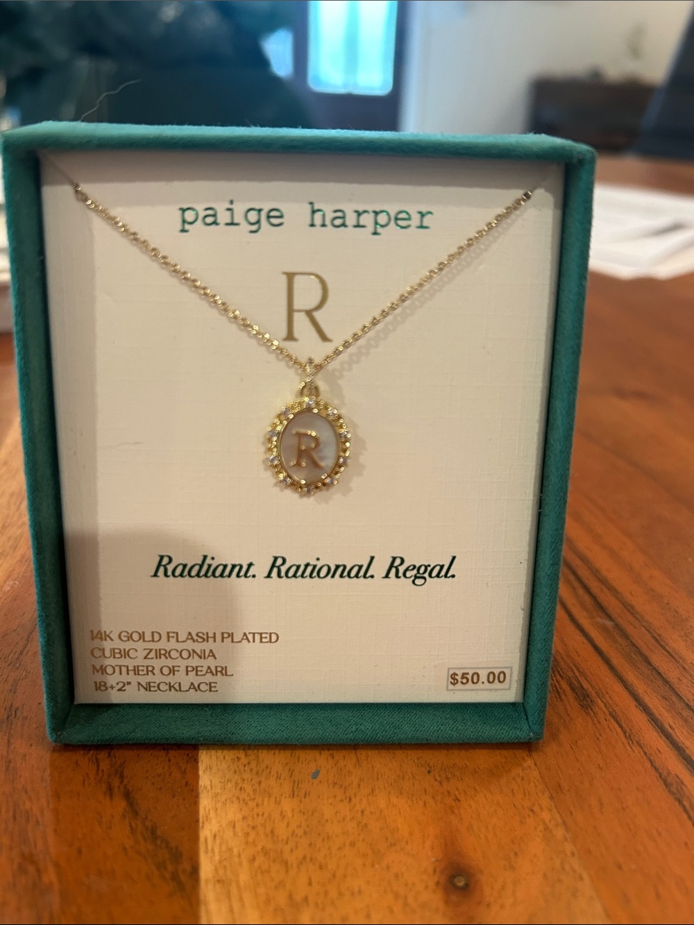 Paige Harper Gold 'R' Initial Pendant Necklace with Mother of Pearl